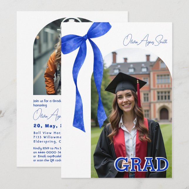 Invitation Blue Ribbon Accent Dual‑Photo QR Code (Devant / Derrière)