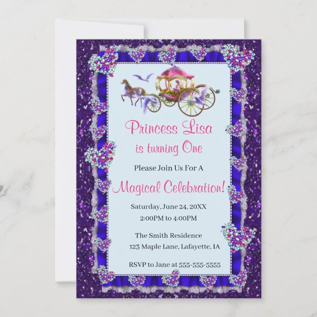 Invitation Blue Ribbon Purple Parties scintillant Royal Princ (Devant)