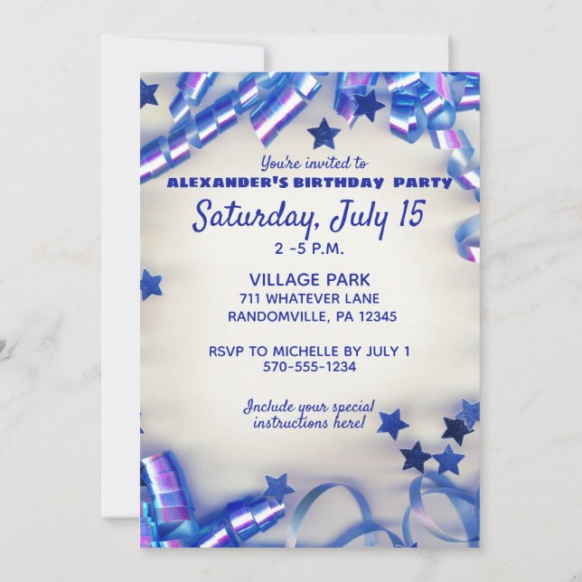 Invitation Blue Ribbon & Stars Confetti 15ème anniversaire fê (Dos)
