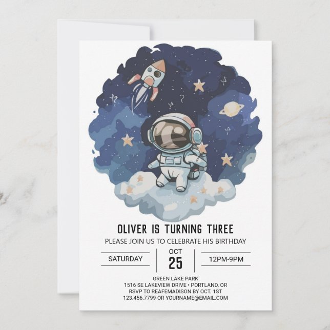 Invitation Blue Rocket L'astronaute moderne Boy Anniversaire (Devant)