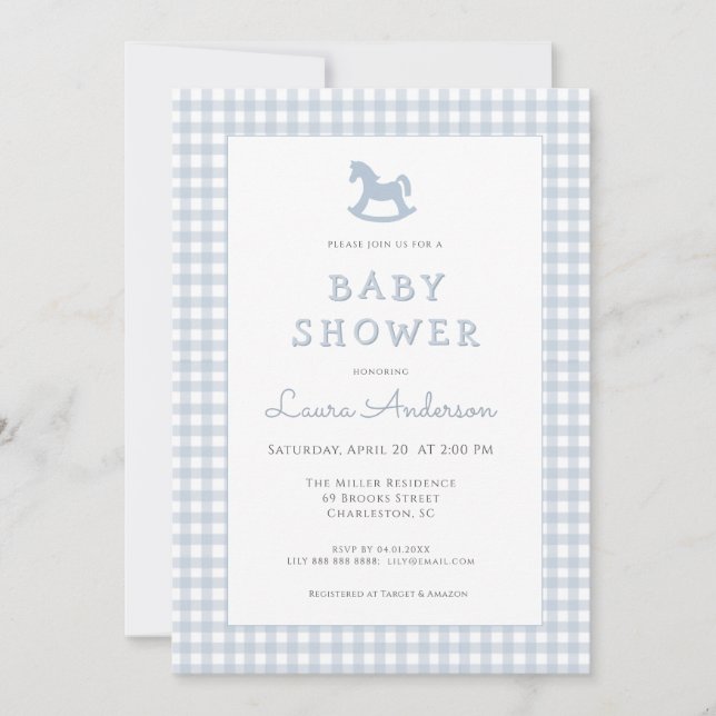 Invitation Blue Rocking Horse En vichy Border Boy Baby shower (Devant)