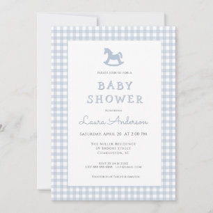 Invitation Blue Rocking Horse En vichy Border Boy Baby shower