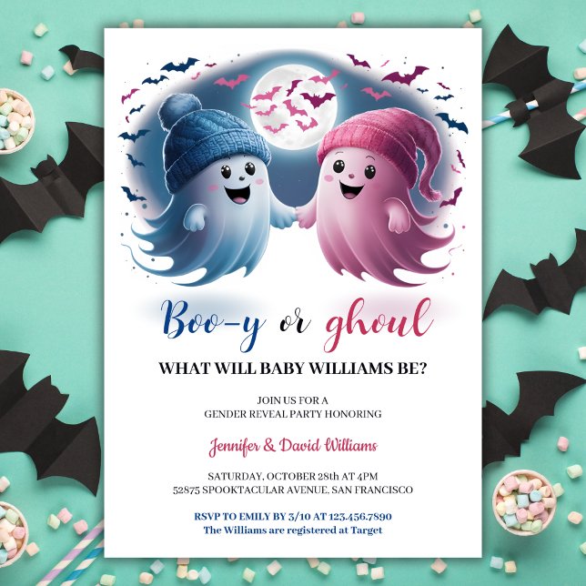Invitation Blue Rose Boo y ou Ghoul Halloween Sexe Révéler (Blue Pink Boo y or Ghoul Halloween Gender Reveal Invitation)