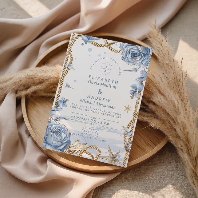 Invitation Blue Rose Coastal Rope Wedding (Créateur téléchargé)