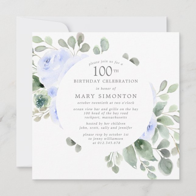 Invitation Blue Rose Floral Eucalyptus 100e fête d'anniversai (Devant)