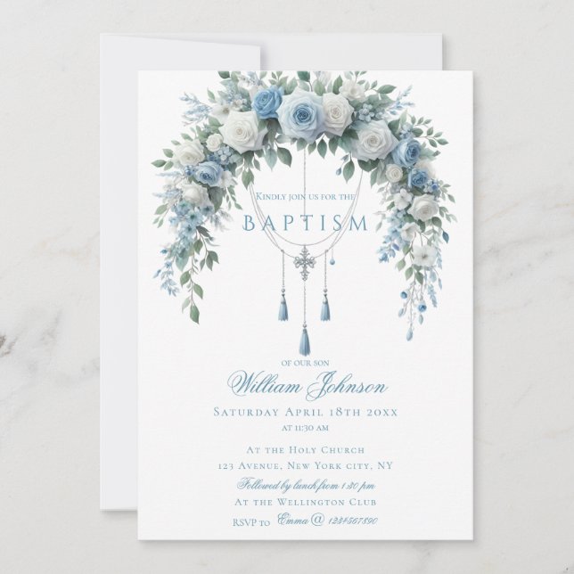 Invitation Blue Rose & Silver Cross Baptism Guest Book (Devant)