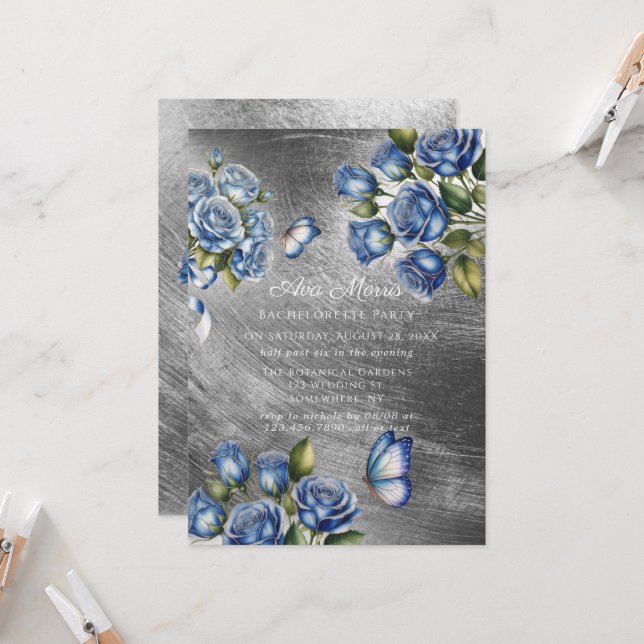 Invitation Blue Roses Butterfly Silver Bachelorette Party (Devant/Arrière en situation)