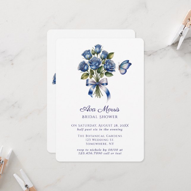 Invitation Blue Roses Butterfly Silver Bridal Shower (Devant/Arrière en situation)