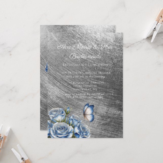 Invitation Blue Roses Butterfly Silver Bridesmaids Luncheon (Devant/Arrière en situation)