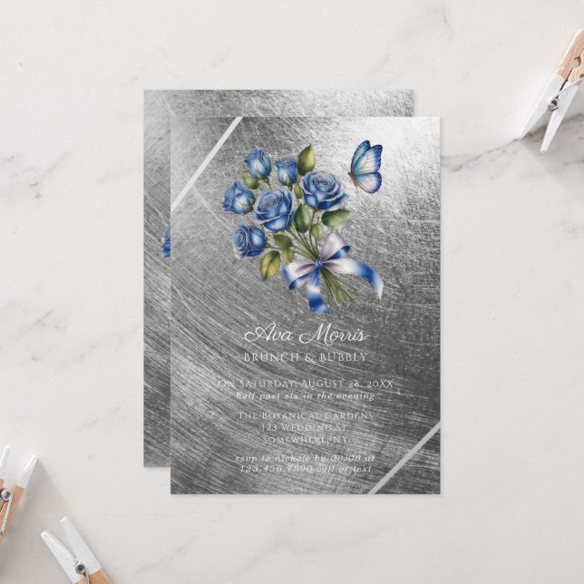 Invitation Blue Roses Butterfly Silver Brunch & Bubbly (Devant/Arrière en situation)