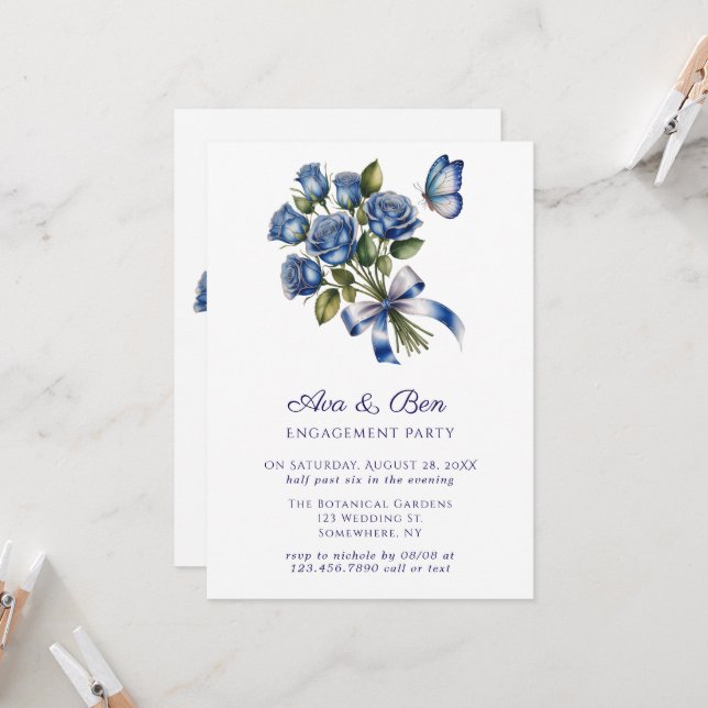 Invitation Blue Roses Butterfly Silver Engagement Party (Devant/Arrière en situation)