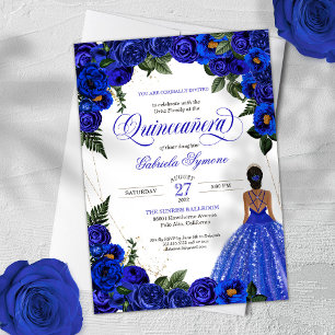 Invitation Blue Roses & Gold Fancy Ball Gown Quinceanera