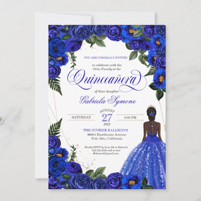 Invitation Blue Roses & Gold Fancy Ball Gown Quinceanera Inv (Devant)