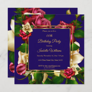 Invitation Blue Rouge crème Rose floral or fête d'anniversair