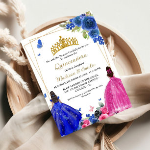 Invitation Blue Royal & Fuchsia Butterfly Twin Quinceanera