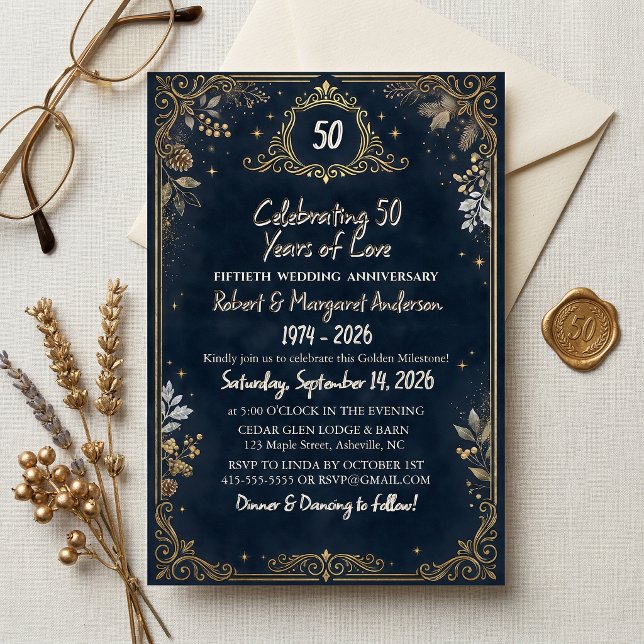 Invitation Blue Ruby Script Simple 50th Wedding Anniversary (Créateur téléchargé)