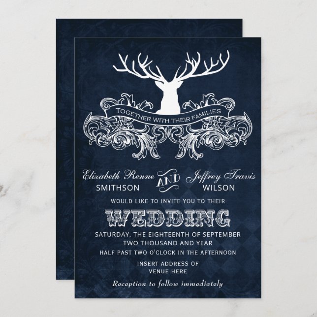 Invitation Blue Rustic Antler Deer Mariage de bois (Devant / Derrière)