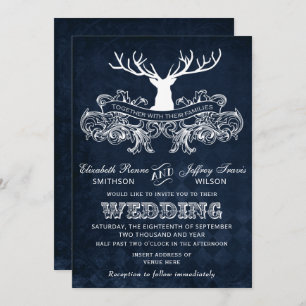 Invitation Blue Rustic Antler Deer Mariage de bois