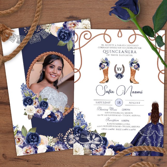 Invitation Blue Rustic Floral Charro Photo Quinceañera (Créateur téléchargé)