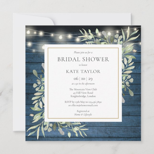 Invitation Blue Rustic Greenery Photo QR Code Bridal Shower (Devant)