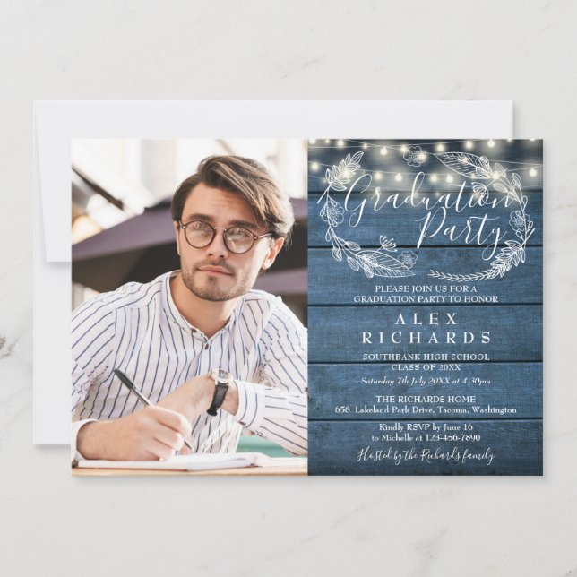 Invitation Blue Rustic String Lights Photo Graduation Party (Devant)