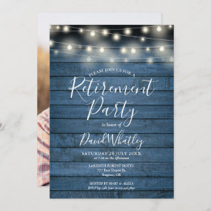 Invitation Blue Rustic String Lights Photo Retirement Party
