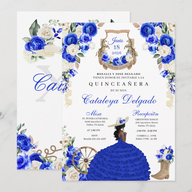 Invitation Blue Rustic Western Charro Princesse Quinceañera (Devant / Derrière)