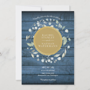 Invitation Blue Rustic Wood Laurel Garland Gold Mariage