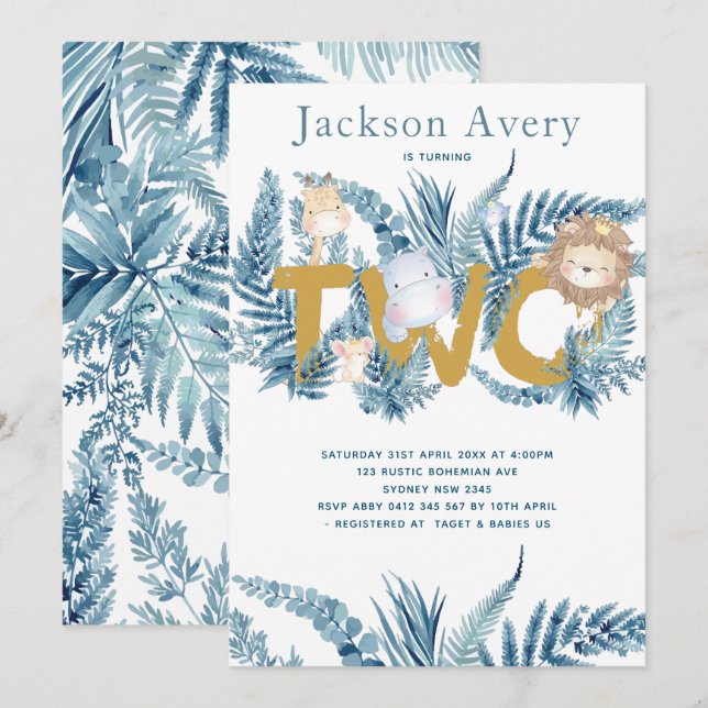 Invitation Blue Safari Animaux Deuxième anniversaire (Devant / Derrière)