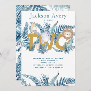 Invitation Blue Safari Animaux Deuxième anniversaire