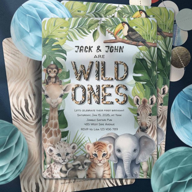 Invitation Blue Safari animaux, Twins Wild un 1er anniversair (Twins blue wild one, safari themed 1st birthday invitation. Jungle animals first birthday invites.)
