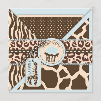 Invitation Blue Safari Poster de animal et Cupcake Premier an