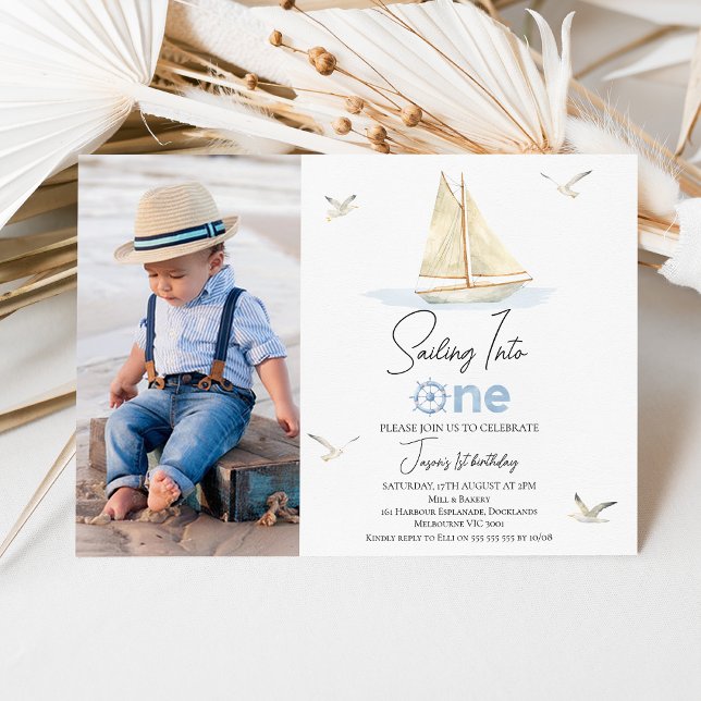 Invitation Blue Sail Boat Photo Voilier dans un 1er anniversa (Simple Sailing into One 1st Birthday Invitation Boy, Photo Nautical Themed First Birthday Invite)