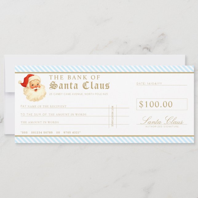 Invitation Blue Santa Cheque Gift Voucher Card (Devant)