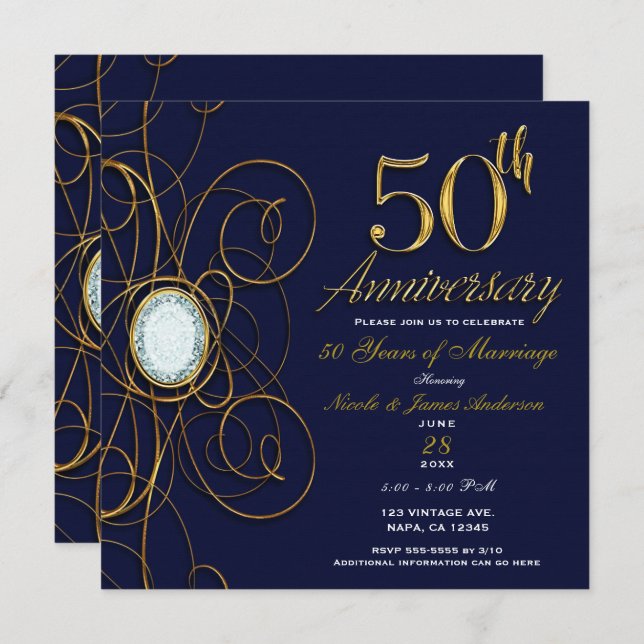 Invitation Blue Sapphire & Gold Diamond 50 50e anniversaire (Devant / Derrière)