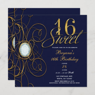Invitation Blue Sapphire Gold Diamond Sweet 16 16e anniversai