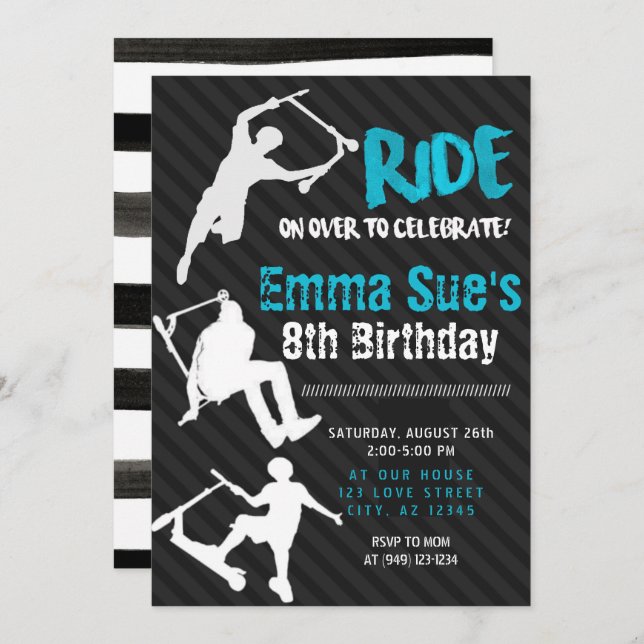 Invitation Blue Scooter Skate Park fête Anniversaire (Devant / Derrière)