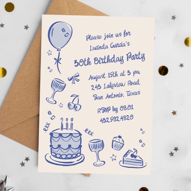 Invitation Blue Scribble Main tiré 30e fête d'anniversaire (Blue 30th birthday party invite in whimsical scribble style)