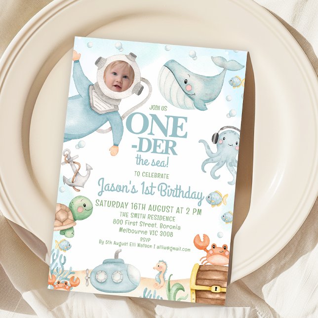 Invitation Blue Scuba Diver Onerder Mer 1er anniversaire (Oneder the Sea 1st Birthday Invitation Scuba Diver Photo, Under the Sea First Birthday Party Invite)