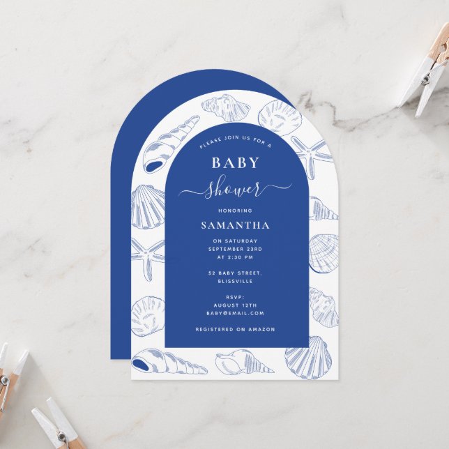 Invitation Blue Sea Shells Beach Summer Arch Baby shower (Devant/Arrière en situation)