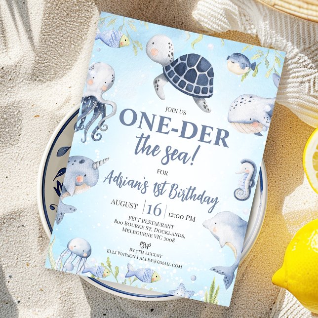 Invitation Blue Sea Turtle One der The Sea 1er anniversaire (Oneder the Sea 1st Birthday Invitation for Boy Blue Sea Turtle One-der the Sea First Birthday Invite)