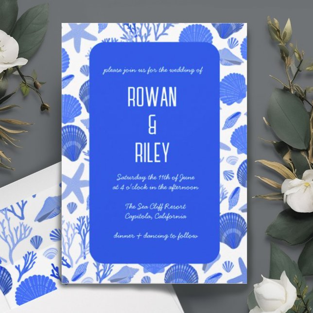 Invitation Blue Seashells Motif Chic Beach Wedding Party (Blue seashell pattern custom invitation. Check out matching envelopes and RSVP cards too)