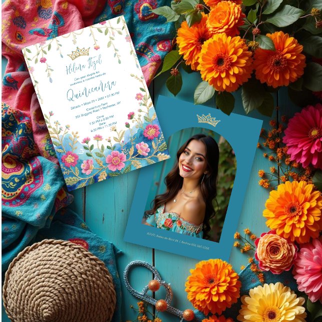 Invitation Blue Shades Spanish Mexican XVs Floral Border (Colorful Blue Shades Spanish Mexican Inspired Floral Border Embroidery Style Quinceañera Invitation )