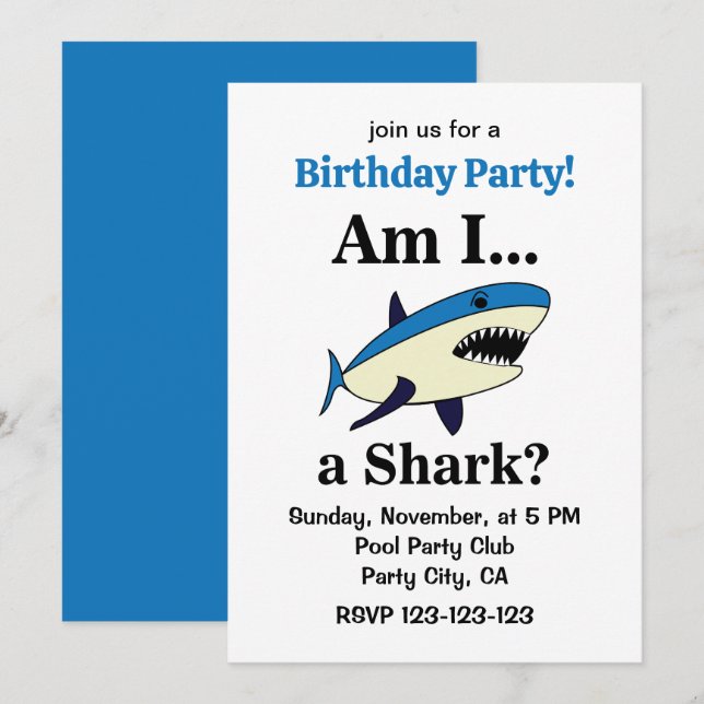 Invitation Blue Shark Funny Birthday Party (Devant / Derrière)