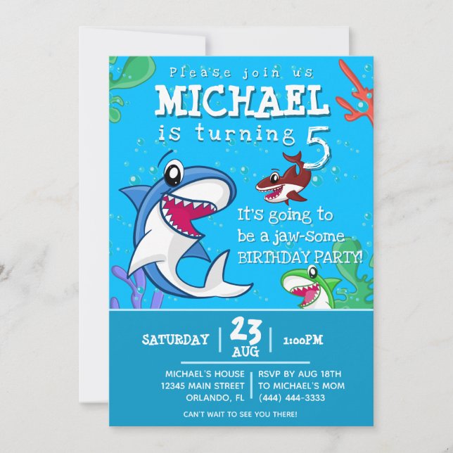 Invitation Blue Shark mignonne Sea Life Anniversaire de enfan (Devant)