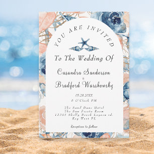 Invitation Blue Shell Flowers Aquarelle Plage Mariage