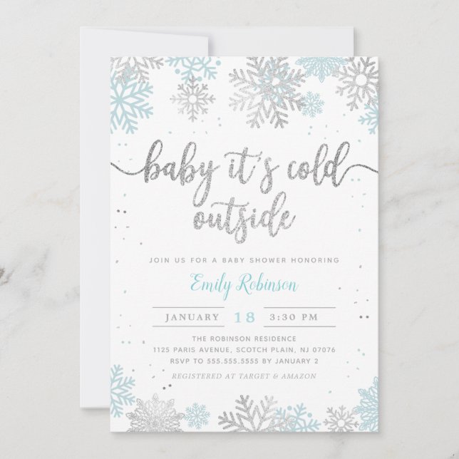 Invitation Blue Silver Baby C'est froid dehors Baby shower ga (Devant)