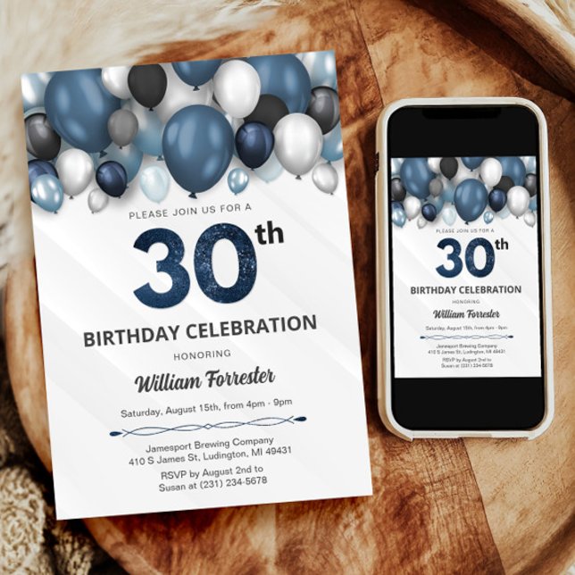 Invitation Blue Silver Black & White 30e anniversaire Invitat (Blue Silver Black & White 30th Birthday Invitation)