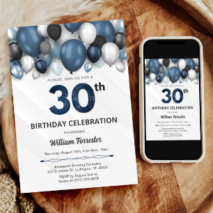 Invitation Blue Silver Black & White 30e anniversaire Invitat
