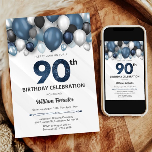 Invitation Blue Silver Black & White 90e anniversaire Invitat (Blue Silver Black & White 90th Birthday Invitation)
